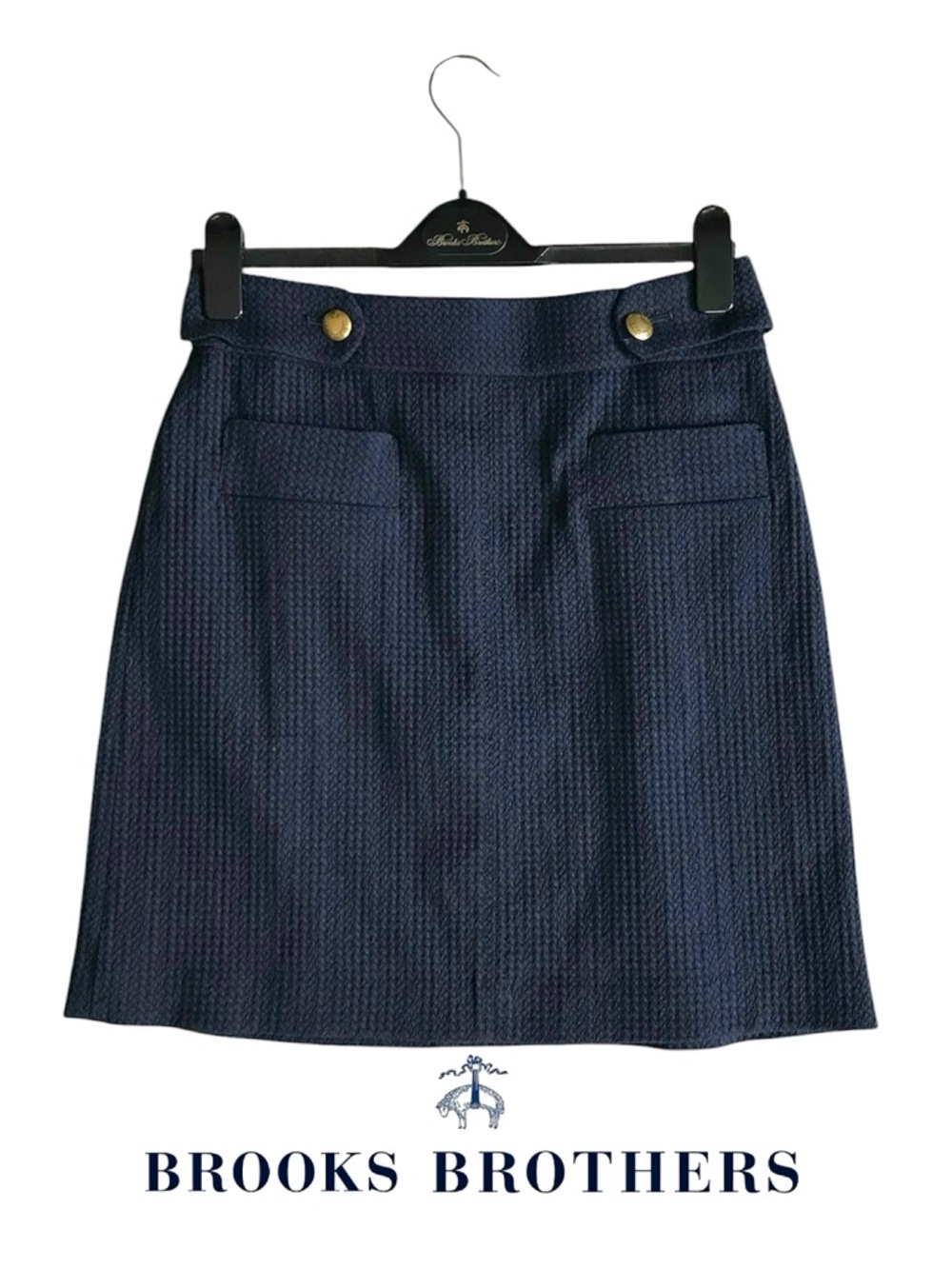 Brooks Brothers Navy Textured A-Line Skirt with tabs, bold Gold Buttons 6p NWY